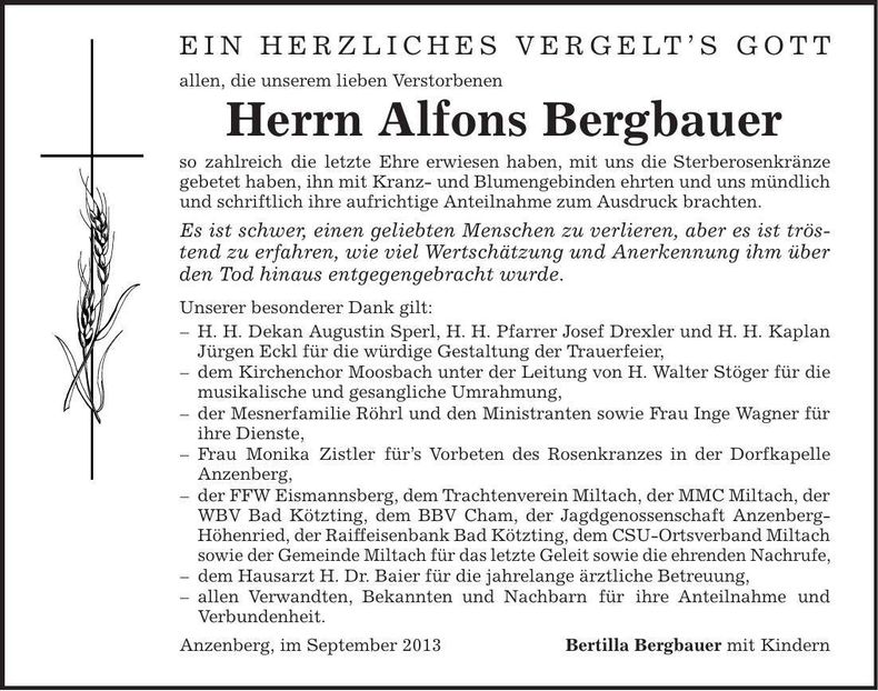 Traueranzeige Alois Bergbauer