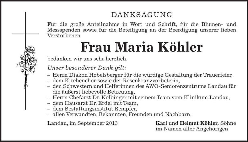 Traueranzeige Maria Köhler