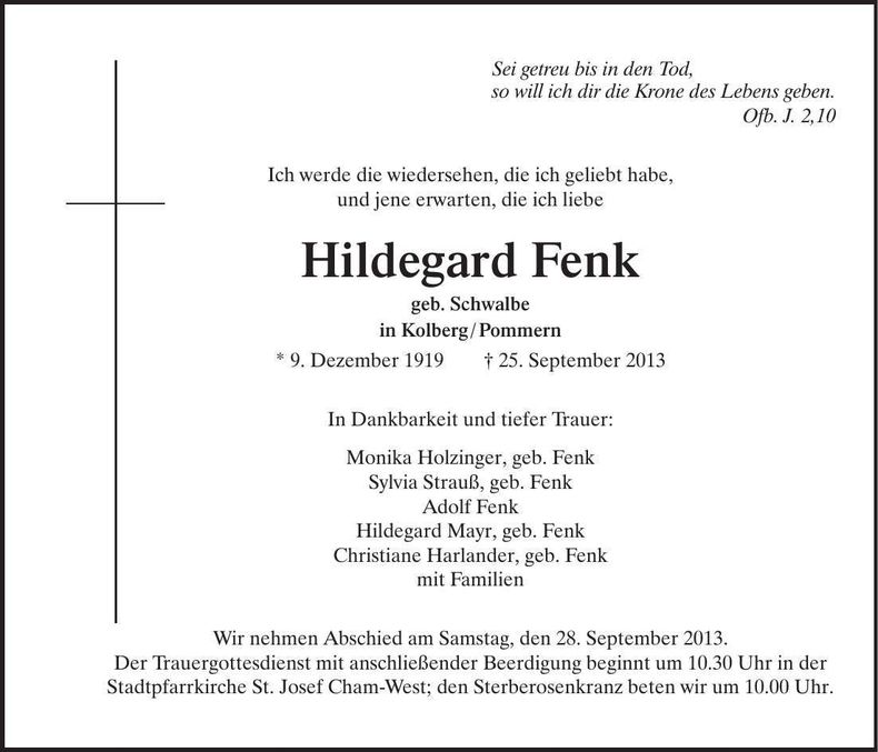 Traueranzeige Hildegard Fenk
