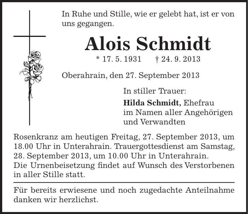 Traueranzeige Alois Schmidt