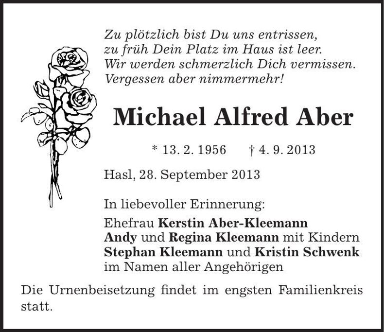 Traueranzeige Michael Alfred Aber