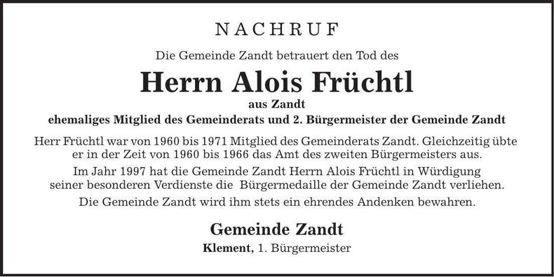 Traueranzeige Alois Früchtl
