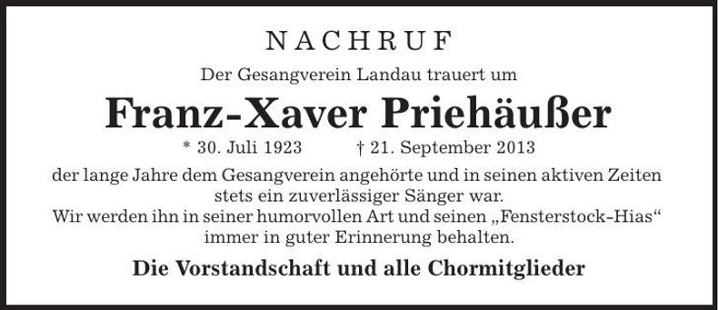 Traueranzeige Franz-Xaver Priehäußer