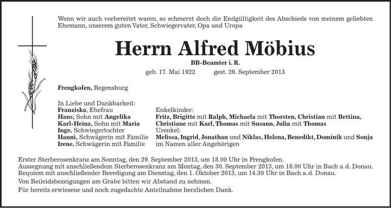 Traueranzeige Alfred Möbius
