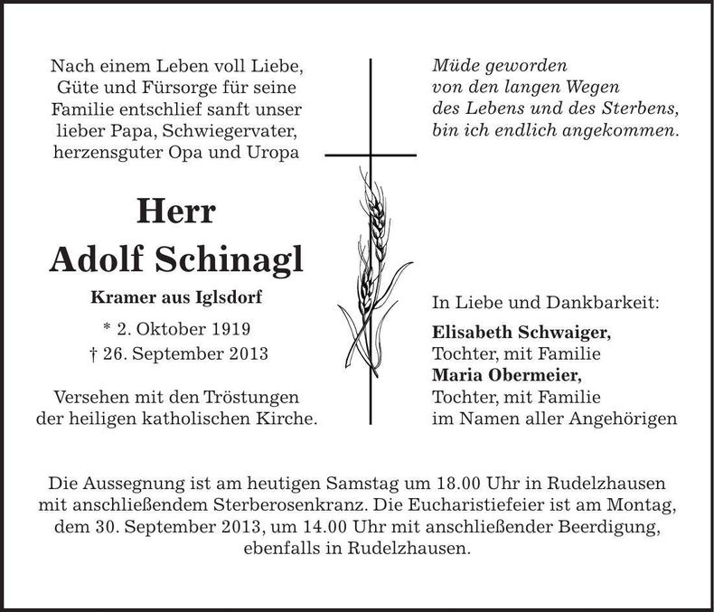 Traueranzeige Adolf Schinagl