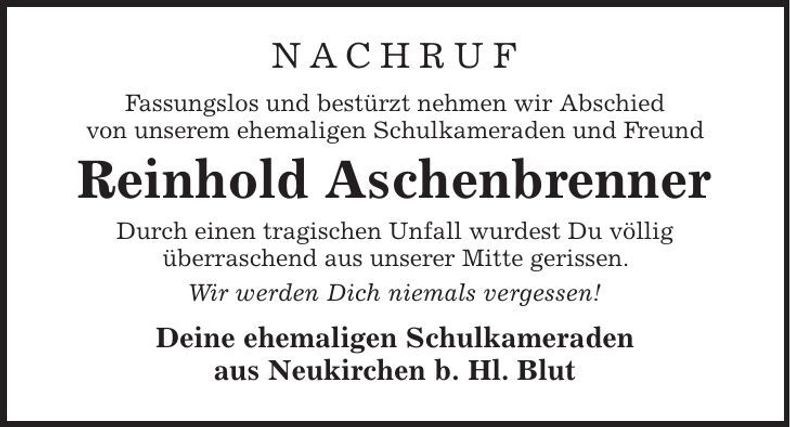 Traueranzeige Reinhold Aschenbernner