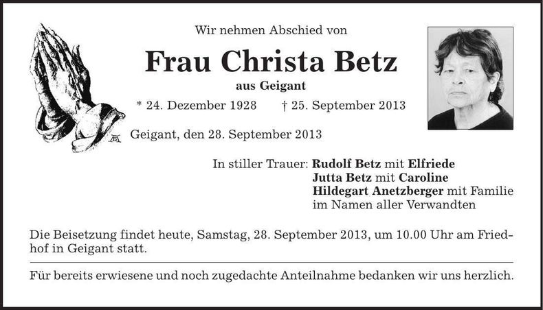 Traueranzeige Christa Betz