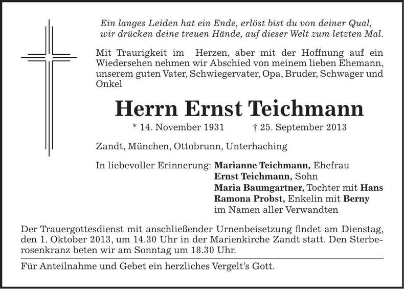 Traueranzeige Ernst Teichmann
