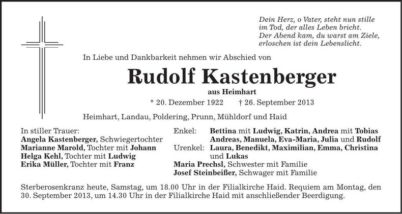 Traueranzeige Rudolf Kastenberger