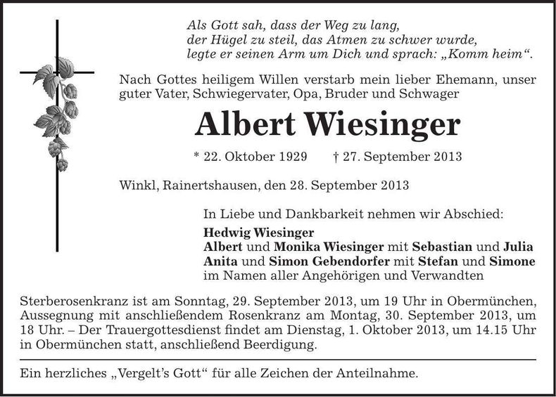 Traueranzeige Albert Wiesinger