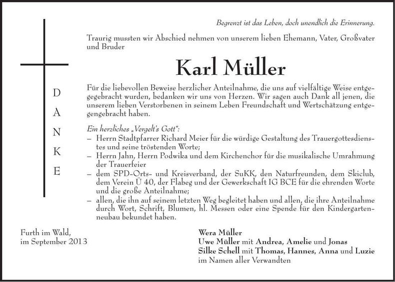 Traueranzeige Karl Müller