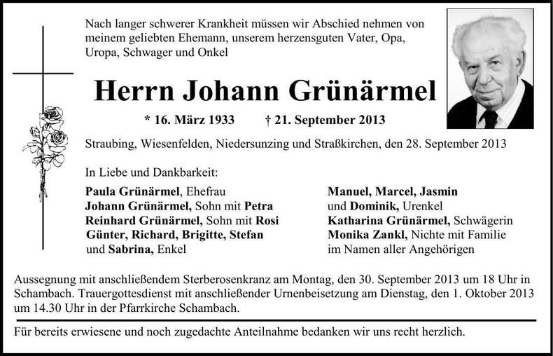 Traueranzeige Johann Grünärmel