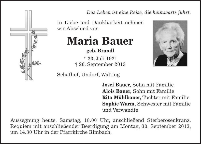 Traueranzeige Maria Bauer
