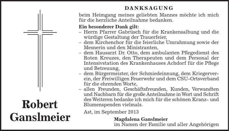 Traueranzeige Robert Ganslmeier