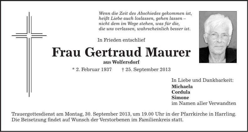 Traueranzeige Gertraud Maurer