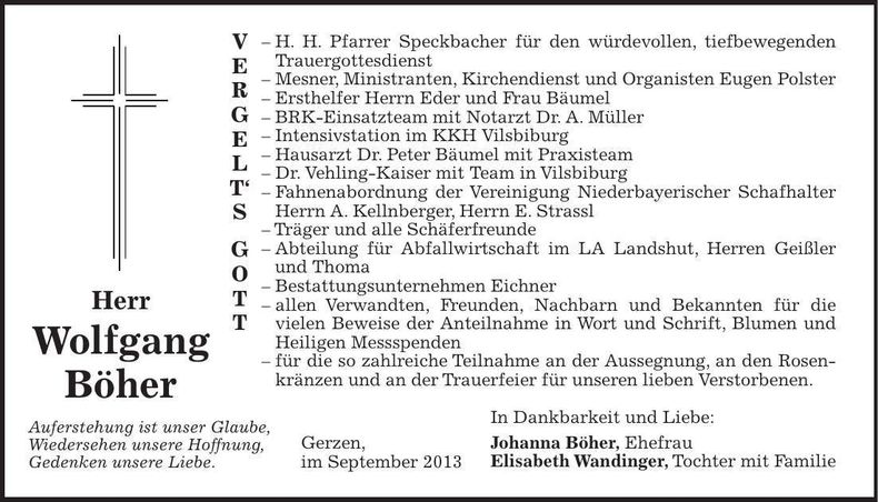 Traueranzeige Wolfgang Böher