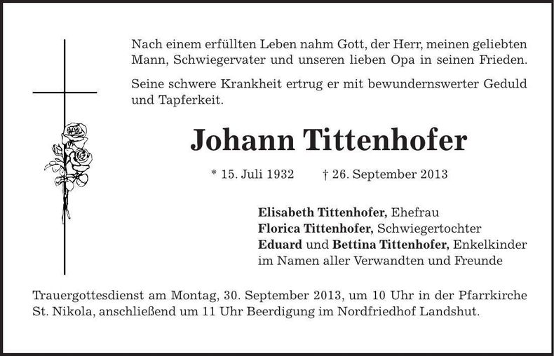 Traueranzeige Johann Tittenhofer