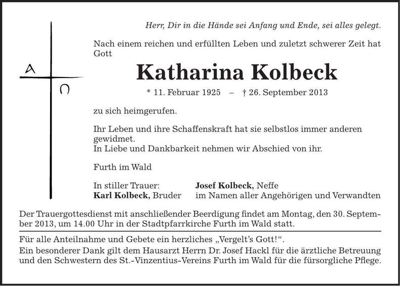 Traueranzeige Katharina Kolbeck