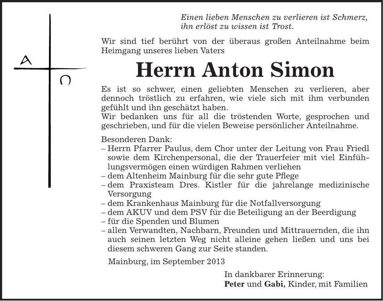 Traueranzeige Anton Simon