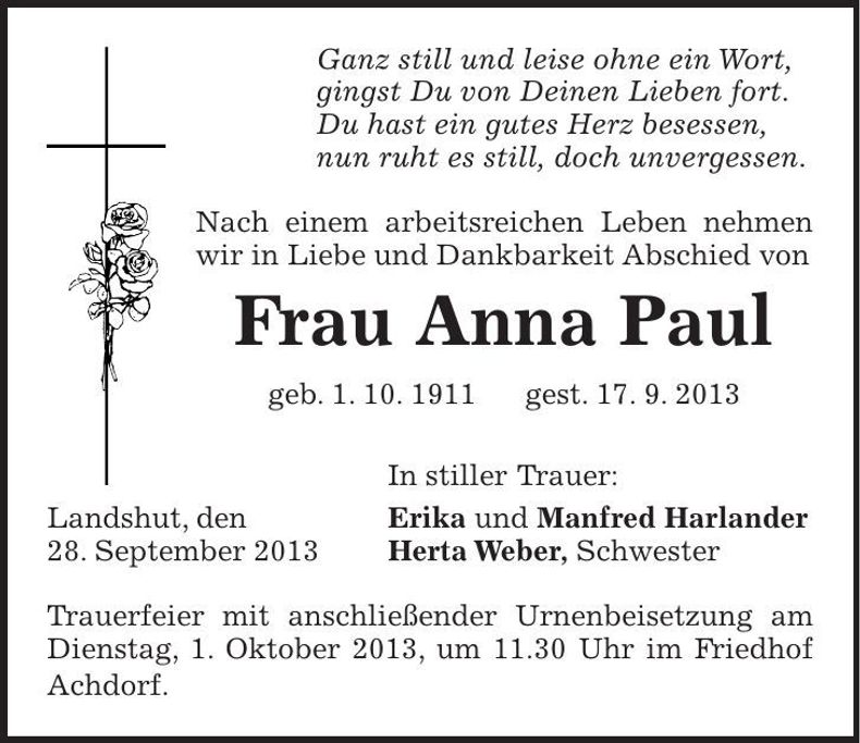 Traueranzeige Anna Paul