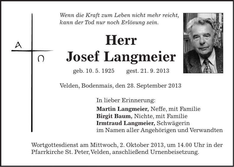 Traueranzeige Josef Langmeier