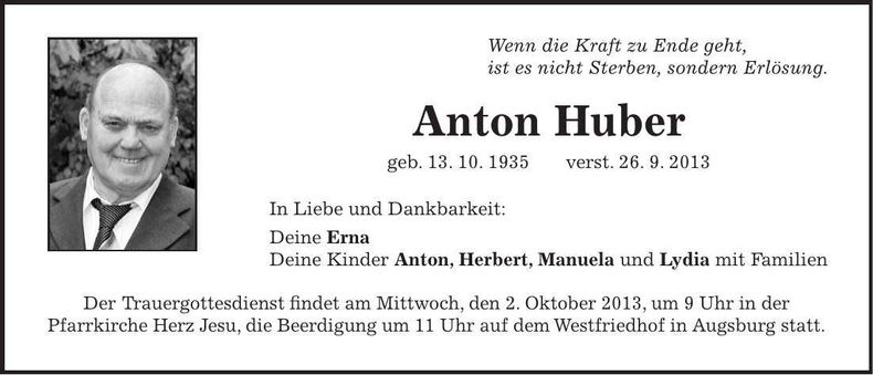 Traueranzeige Anton Huber