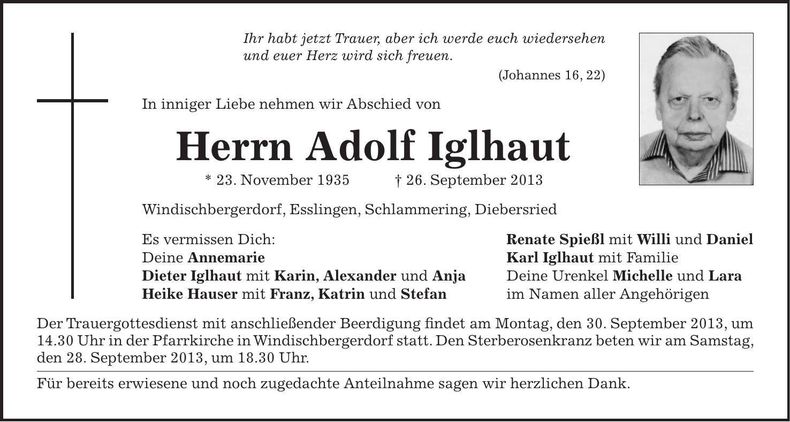 Traueranzeige Adolf Iglhaut