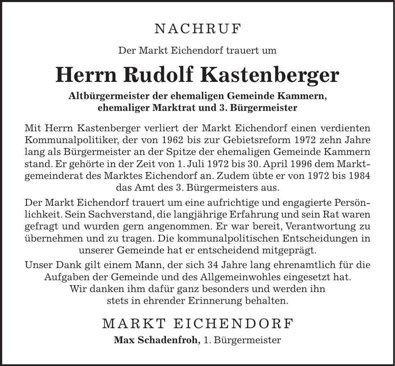 Traueranzeige Kastenberger Rudolf