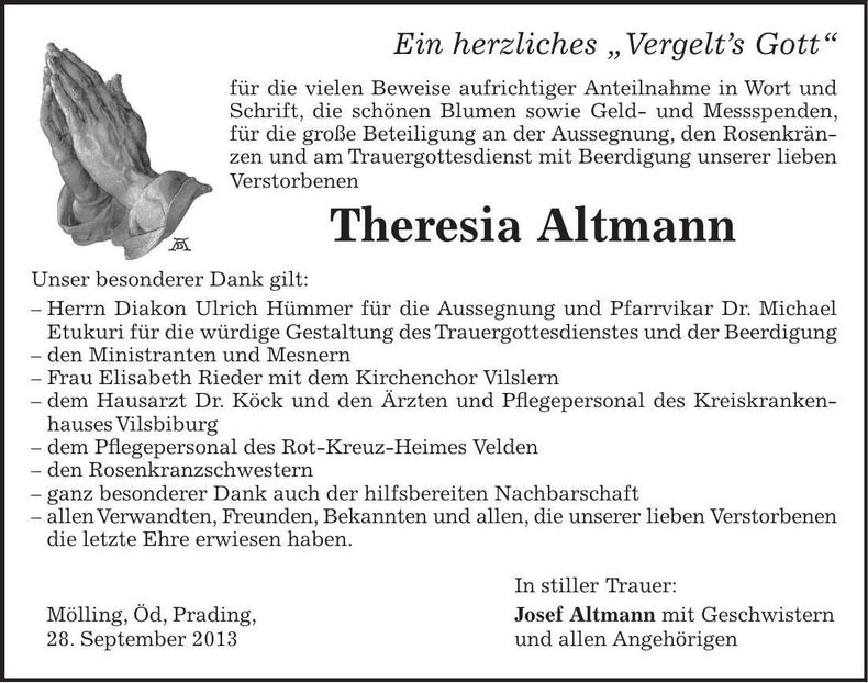 Traueranzeige Theresia Altmann