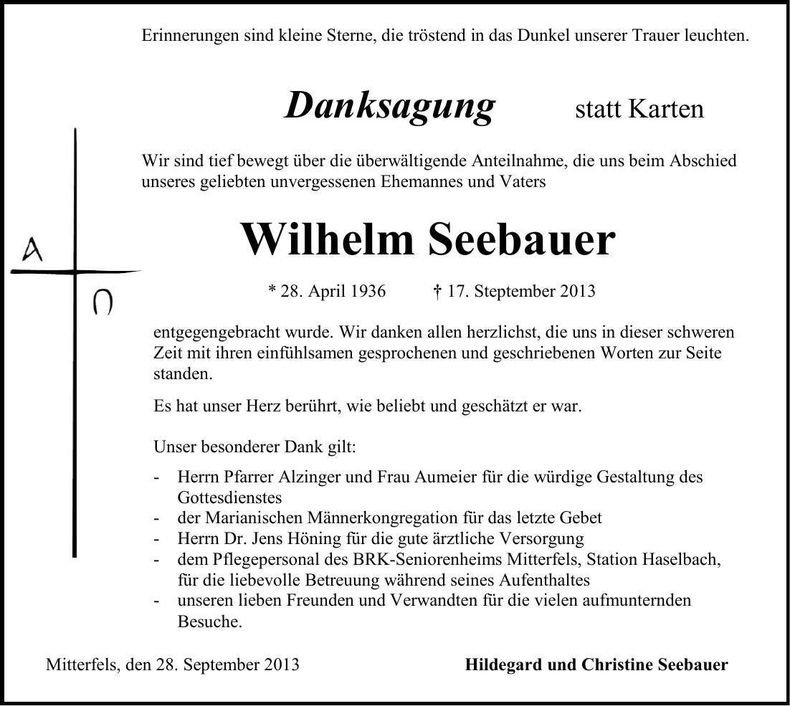 Traueranzeige Wilhelm Seebauer