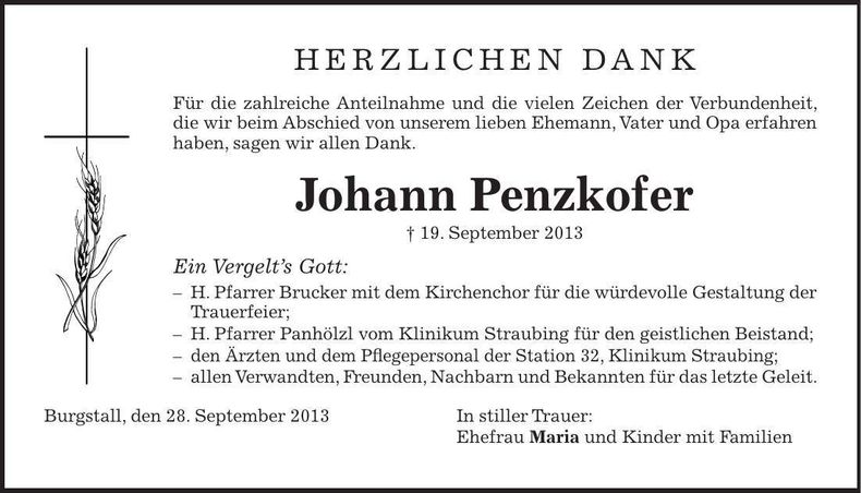 Traueranzeige Johann Penzkofer
