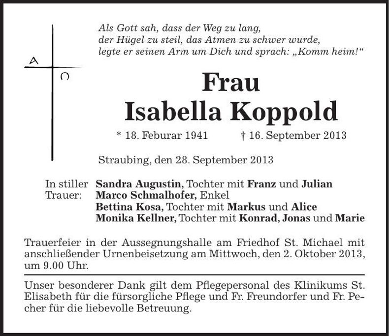 Traueranzeige Isabella Koppold