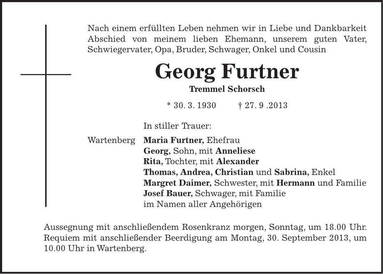 Traueranzeige Georg Furtner
