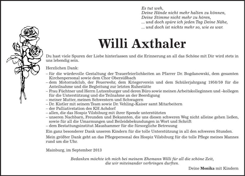 Traueranzeige Willi Axthaler