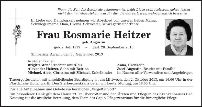 Traueranzeige Rosmarie Heitzer