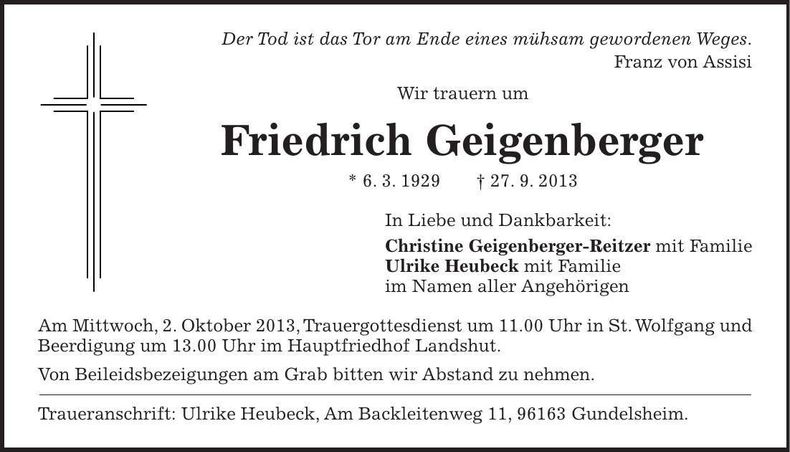 Traueranzeige Friedrich Geigenberger