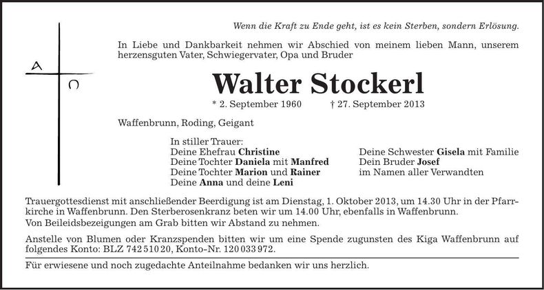 Traueranzeige Walter Stockerl