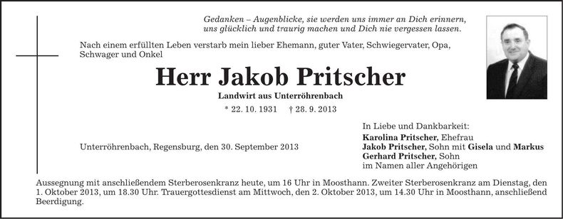 Traueranzeige Jakob Pritscher