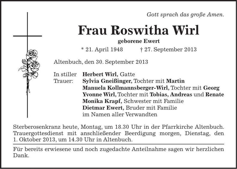 Traueranzeige Roswitha Wirl