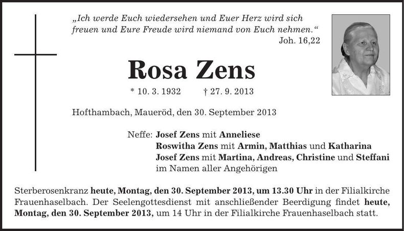 Traueranzeige Rosa Zens