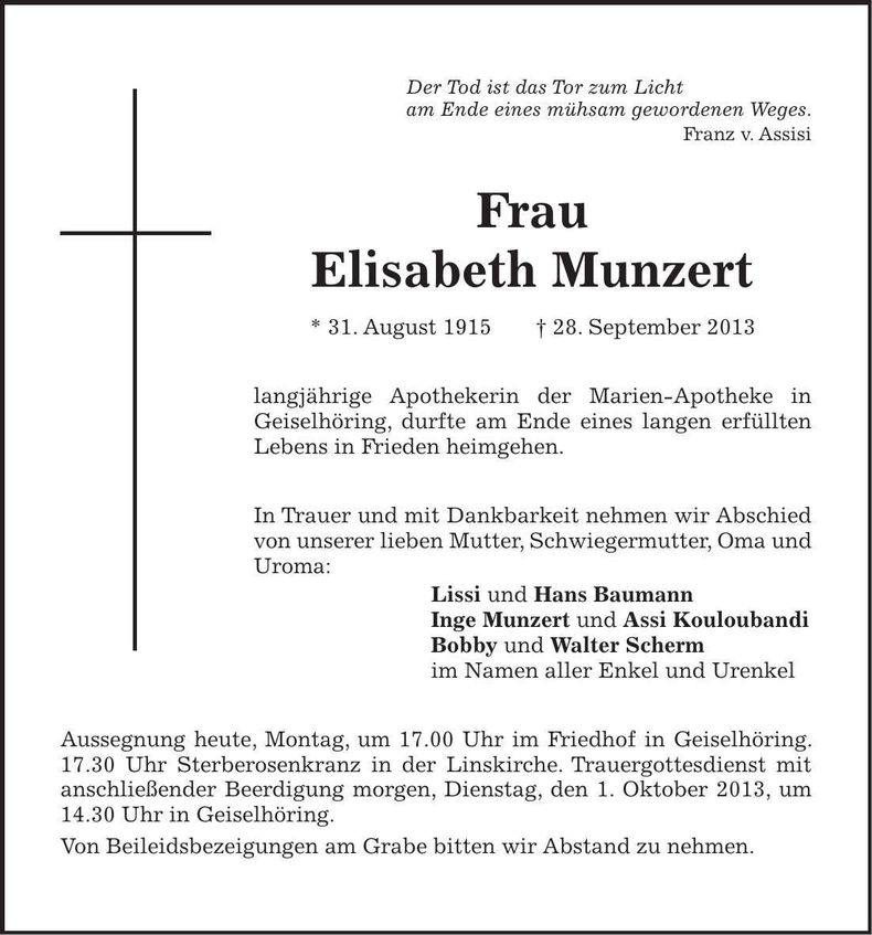 Traueranzeige Elisabeth Munzert