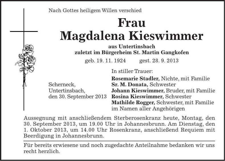 Traueranzeige Magdalena Kieswimmer