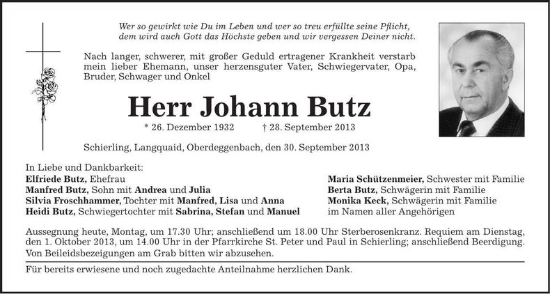 Traueranzeige Johann Butz