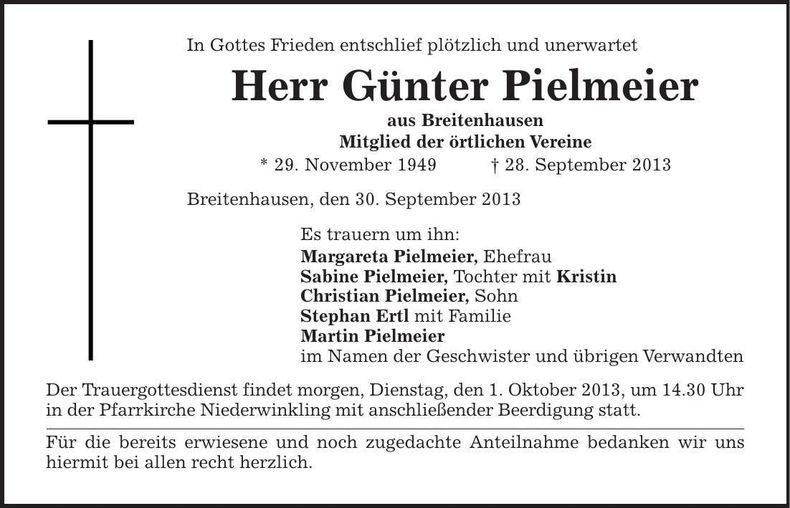 Traueranzeige Günter Pielmeier