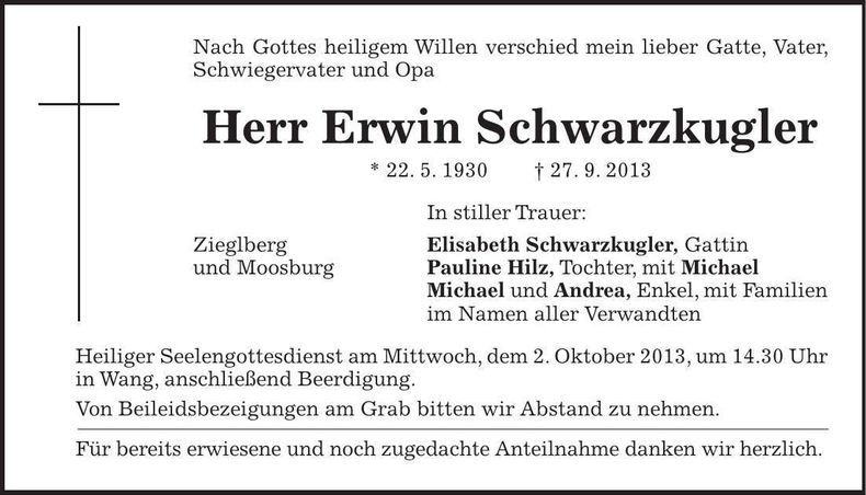 Traueranzeige Erwin Schwarzkugler