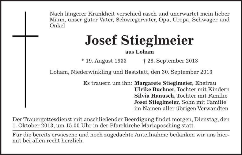 Traueranzeige Josef Stieglmeier