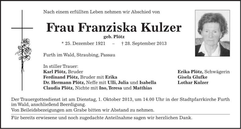 Traueranzeige Franziska Kulzer