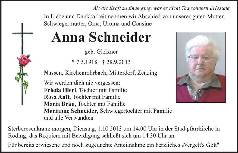 Traueranzeige Anna Schneider