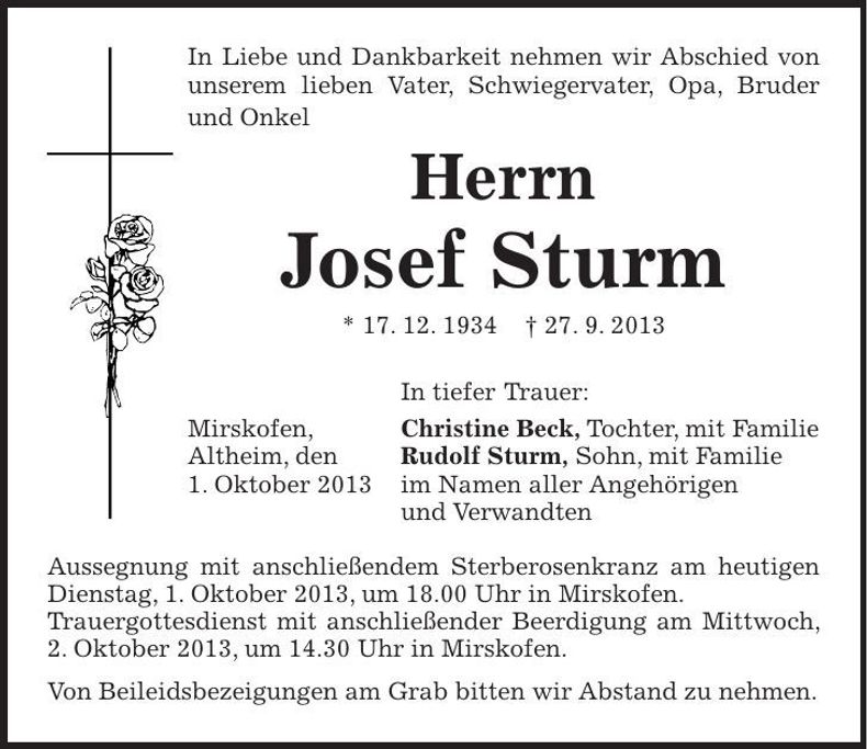 Traueranzeige Josef Sturm