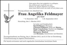 Traueranzeige Angelika Feldmayer